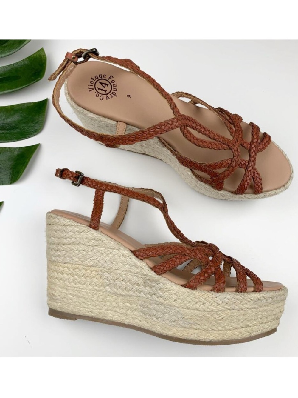 Vintage Foundry Co. Eloise Wedge Sandals Brown Leather Espadrille Women's 9